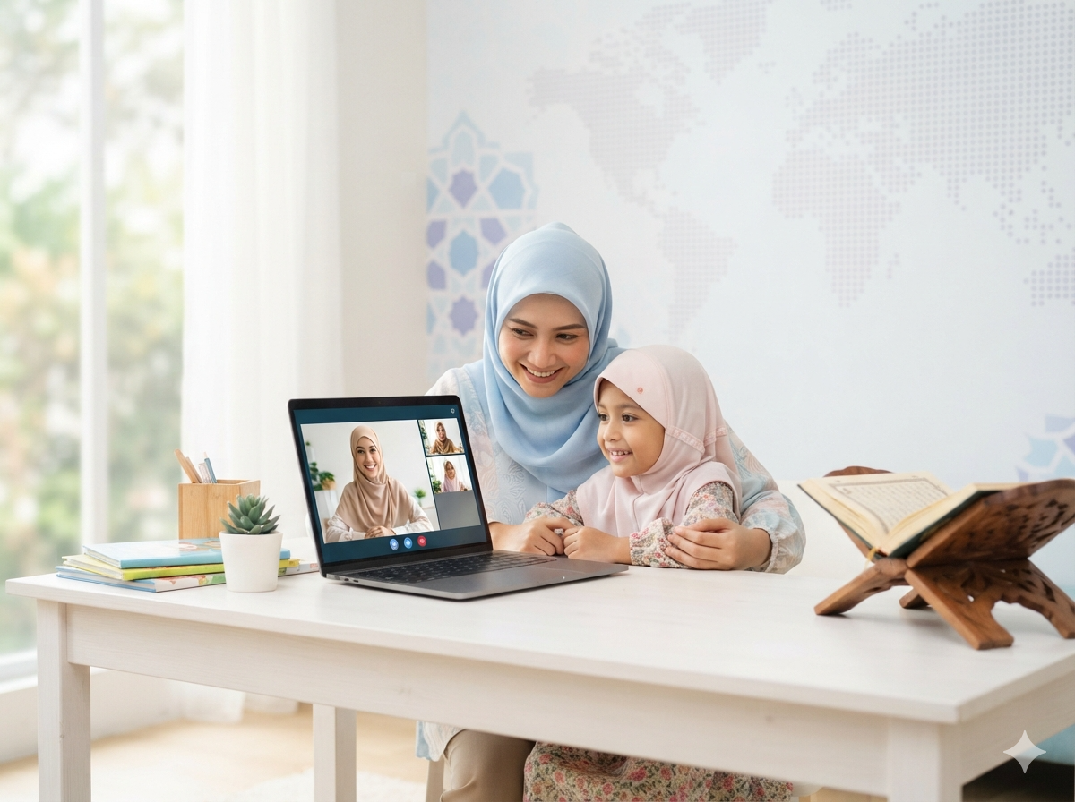 A mother and her child attending a live online Quran class together