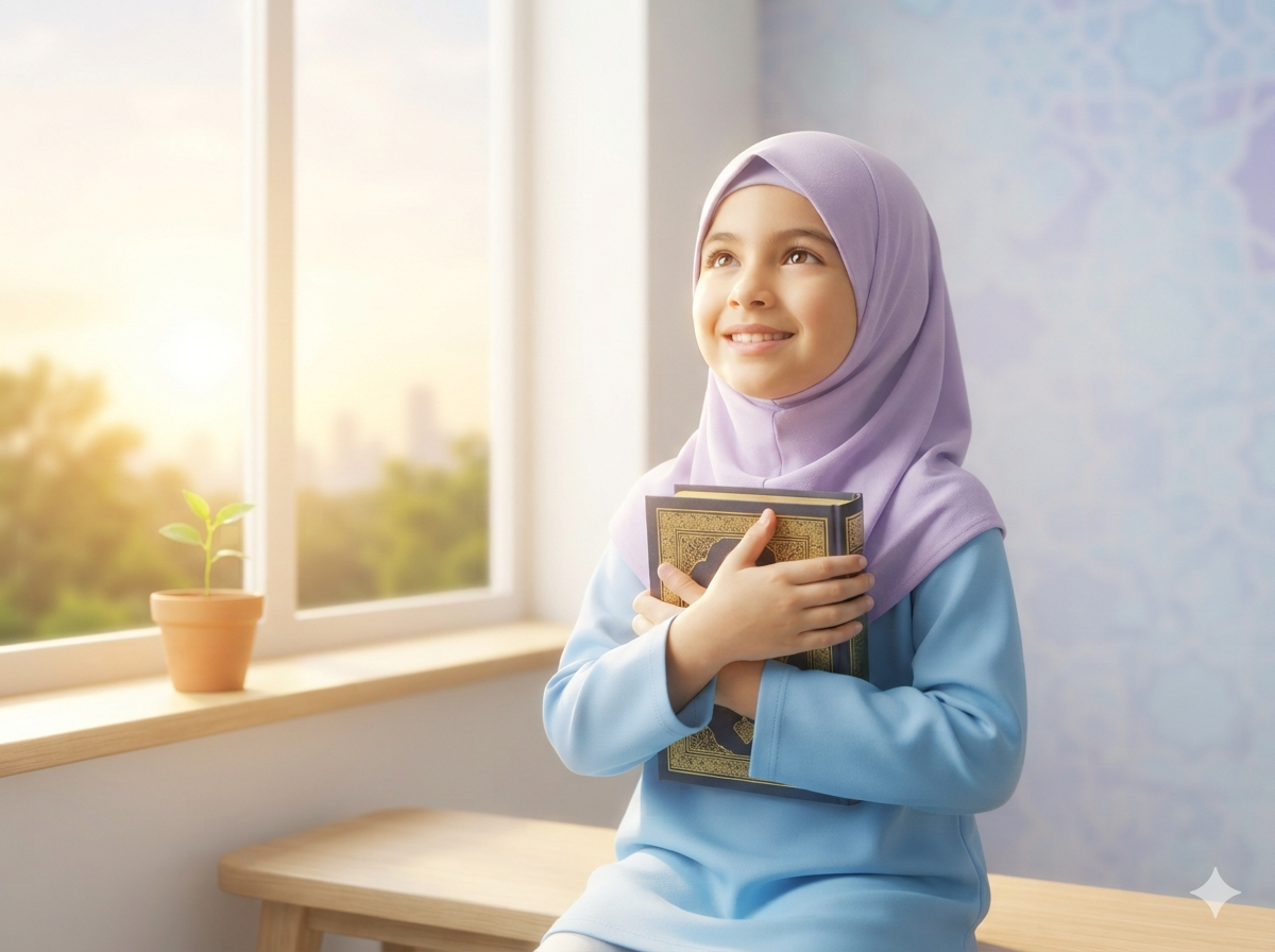 A young Muslim girl holding the Quran, looking toward the future with hope